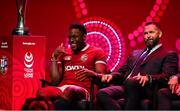 8 May 2025; British & Irish Lions Head Coach Andy Farrell, right, and Captain Maro Itoje during the British & Irish Lions Squad and Captain announcement for the 2025 Tour of Australia at Indigo at The O2 in London, England. Photo by Ben McShane/Sportsfile