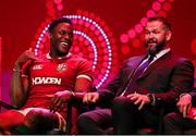8 May 2025; British & Irish Lions Head Coach Andy Farrell, right, and captain Maro Itoje during the British & Irish Lions Squad and Captain announcement for the 2025 Tour of Australia at Indigo at The O2 in London, England. Photo by Ben McShane/Sportsfile