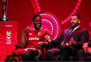 8 May 2025; British & Irish Lions Head Coach Andy Farrell, right, and Captain Maro Itoje during the British & Irish Lions Squad and Captain announcement for the 2025 Tour of Australia at Indigo at The O2 in London, England. Photo by Ben McShane/Sportsfile