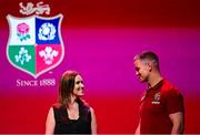 8 May 2025; British & Irish Lions Assistant coach Jonathan Sexton, right, in conversation with MC Lee McKenzie during the British & Irish Lions Squad and Captain announcement for the 2025 Tour of Australia at Indigo at The O2 in London, England. Photo by Ben McShane/Sportsfile