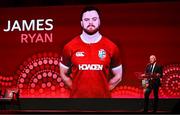 8 May 2025; James Ryan is announced by Board Chairman Ieuan Evans, right, during the British & Irish Lions Squad and Captain announcement for the 2025 Tour of Australia at Indigo at The O2 in London, England. Photo by Ben McShane/Sportsfile