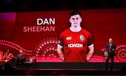 8 May 2025; Dan Sheehan is announced by Board Chairman Ieuan Evans, right, during the British & Irish Lions Squad and Captain announcement for the 2025 Tour of Australia at Indigo at The O2 in London, England. Photo by Ben McShane/Sportsfile
