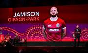 8 May 2025; Jamison Gibson-Park is announced by Board Chairman Ieuan Evans, right, as Captain Maro Itoje, far left, and Head Coach Andy Farrell, second left, look on during the British & Irish Lions Squad and Captain announcement for the 2025 Tour of Australia at Indigo at The O2 in London, England. Photo by Ben McShane/Sportsfile