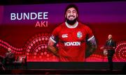 8 May 2025; Bundee Aki is announced by Board Chairman Ieuan Evans, right, during the British & Irish Lions Squad and Captain announcement for the 2025 Tour of Australia at Indigo at The O2 in London, England. Photo by Ben McShane/Sportsfile