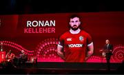8 May 2025; Rónan Kelleher is announced by Board Chairman Ieuan Evans, right, as Captain Maro Itoje, far left, and Head Coach Andy Farrell, second left, look on during the British & Irish Lions Squad and Captain announcement for the 2025 Tour of Australia at Indigo at The O2 in London, England. Photo by Ben McShane/Sportsfile