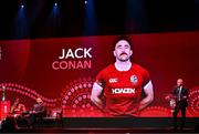 8 May 2025; Jack Conan is announced by Board Chairman Ieuan Evans, right, as Captain Maro Itoje, far left, and Head Coach Andy Farrell, second left, look on during the British & Irish Lions Squad and Captain announcement for the 2025 Tour of Australia at Indigo at The O2 in London, England. Photo by Ben McShane/Sportsfile