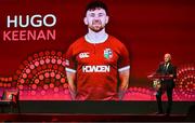 8 May 2025; Hugo Keenan is announced by Board Chairman Ieuan Evans, right, during the British & Irish Lions Squad and Captain announcement for the 2025 Tour of Australia at Indigo at The O2 in London, England. Photo by Ben McShane/Sportsfile