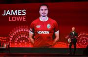 8 May 2025; James Lowe is announced by Board Chairman Ieuan Evans, right, during the British & Irish Lions Squad and Captain announcement for the 2025 Tour of Australia at Indigo at The O2 in London, England. Photo by Ben McShane/Sportsfile