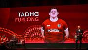 8 May 2025; Tadhg Furlong is announced by Board Chairman Ieuan Evans, right, as Captain Maro Itoje, far left, and Head Coach Andy Farrell, second left, look on during the British & Irish Lions Squad and Captain announcement for the 2025 Tour of Australia at Indigo at The O2 in London, England. Photo by Ben McShane/Sportsfile