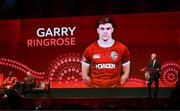 8 May 2025; Garry Ringrose is announced by Board Chairman Ieuan Evans, right, as Captain Maro Itoje, far left, and Head Coach Andy Farrell, second left, look on during the British & Irish Lions Squad and Captain announcement for the 2025 Tour of Australia at Indigo at The O2 in London, England. Photo by Ben McShane/Sportsfile