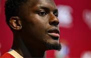 8 May 2025; British & Irish Lions Captain Maro Itoje speaking during a press conference after the British & Irish Lions Squad and Captain announcement for the 2025 Tour of Australia at Indigo at The O2 in London, England. Photo by Ben McShane/Sportsfile