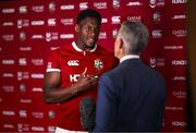 8 May 2025; British & Irish Lions Captain Maro Itoje, left, speaks with members of the media after the British & Irish Lions Squad and Captain announcement for the 2025 Tour of Australia at Indigo at The O2 in London, England. Photo by Ben McShane/Sportsfile