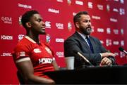 8 May 2025; British & Irish Lions Head Coach Andy Farrell, right, and Captain Maro Itoje during a press conference after the British & Irish Lions Squad and Captain announcement for the 2025 Tour of Australia at Indigo at The O2 in London, England. Photo by Ben McShane/Sportsfile