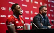 8 May 2025; British & Irish Lions Captain Maro Itoje, left, and Head Coach Andy Farrell, during a press conference after the British & Irish Lions Squad and Captain announcement for the 2025 Tour of Australia at Indigo at The O2 in London, England. Photo by Ben McShane/Sportsfile