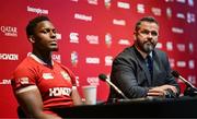 8 May 2025; British & Irish Lions Head Coach Andy Farrell, right, and Captain Maro Itoje during a press conference after the British & Irish Lions Squad and Captain announcement for the 2025 Tour of Australia at Indigo at The O2 in London, England. Photo by Ben McShane/Sportsfile
