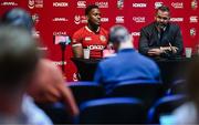 8 May 2025; British & Irish Lions Head Coach Andy Farrell, right, and Captain Maro Itoje during a press conference after the British & Irish Lions Squad and Captain announcement for the 2025 Tour of Australia at Indigo at The O2 in London, England. Photo by Ben McShane/Sportsfile