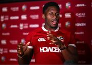 8 May 2025; British & Irish Lions captain Maro Itoje speaks to members of the media after the British & Irish Lions Squad and Captain announcement for the 2025 Tour of Australia at Indigo at The O2 in London, England. Photo by Ben McShane/Sportsfile