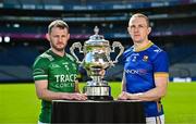 6 May 2025; Declan McCusker of Fermanagh, left, and Paddy Fox of Longford, pictured with the Tailteann Cup at the launch of the Tailteann Cup at Croke Park in Dublin. Photo by Sam Barnes/Sportsfile
