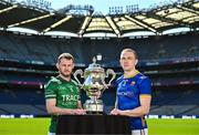 6 May 2025; Declan McCusker of Fermanagh, left, and Paddy Fox of Longford, pictured with the Tailteann Cup at the launch of the Tailteann Cup at Croke Park in Dublin. Photo by Sam Barnes/Sportsfile
