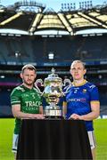 6 May 2025; Declan McCusker of Fermanagh, left, and Paddy Fox of Longford, pictured with the Tailteann Cup at the launch of the Tailteann Cup at Croke Park in Dublin. Photo by Sam Barnes/Sportsfile