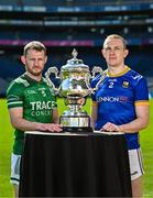 6 May 2025; Declan McCusker of Fermanagh, left, and Paddy Fox of Longford, pictured with the Tailteann Cup at the launch of the Tailteann Cup at Croke Park in Dublin. Photo by Sam Barnes/Sportsfile