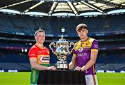 6 May 2025; Mikey Bambrick of Carlow, left, and Liam Coleman of Wexford, pictured with the Tailteann Cup at the launch of the Tailteann Cup at Croke Park in Dublin. Photo by Sam Barnes/Sportsfile