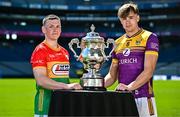 6 May 2025; Mikey Bambrick of Carlow, left, and Liam Coleman of Wexford, pictured with the Tailteann Cup at the launch of the Tailteann Cup at Croke Park in Dublin. Photo by Sam Barnes/Sportsfile