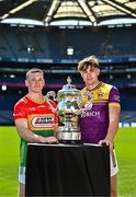 6 May 2025; Mikey Bambrick of Carlow, left, and Liam Coleman of Wexford, pictured with the Tailteann Cup at the launch of the Tailteann Cup at Croke Park in Dublin. Photo by Sam Barnes/Sportsfile