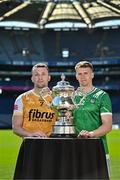 6 May 2025; Dermot McAleese of Antrim, left, and Cillian Fahy of Limerick pictured with the Tailteann Cup at the launch of the Tailteann Cup at Croke Park in Dublin. Photo by Sam Barnes/Sportsfile