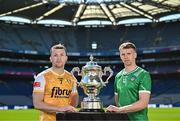 6 May 2025; Dermot McAleese of Antrim, left, and Cillian Fahy of Limerick pictured with the Tailteann Cup at the launch of the Tailteann Cup at Croke Park in Dublin. Photo by Sam Barnes/Sportsfile