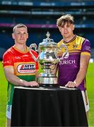 6 May 2025; Mikey Bambrick of Carlow, left, and Liam Coleman of Wexford, pictured with the Tailteann Cup at the launch of the Tailteann Cup at Croke Park in Dublin. Photo by Sam Barnes/Sportsfile