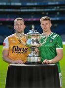 6 May 2025; Dermot McAleese of Antrim, left, and Cillian Fahy of Limerick pictured with the Tailteann Cup at the launch of the Tailteann Cup at Croke Park in Dublin. Photo by Sam Barnes/Sportsfile
