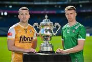 6 May 2025; Dermot McAleese of Antrim, left, and Cillian Fahy of Limerick pictured with the Tailteann Cup at the launch of the Tailteann Cup at Croke Park in Dublin. Photo by Sam Barnes/Sportsfile