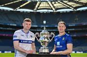 6 May 2025; Killian Roche of Laois, left, and Dean Healy of Wicklow pictured with the Tailteann Cup at the launch of the Tailteann Cup at Croke Park in Dublin. Photo by Sam Barnes/Sportsfile