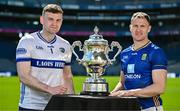6 May 2025; Killian Roche of Laois, left, and Dean Healy of Wicklow pictured with the Tailteann Cup at the launch of the Tailteann Cup at Croke Park in Dublin. Photo by Sam Barnes/Sportsfile