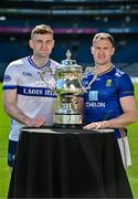 6 May 2025; Killian Roche of Laois, left, and Dean Healy of Wicklow pictured with the Tailteann Cup at the launch of the Tailteann Cup at Croke Park in Dublin. Photo by Sam Barnes/Sportsfile
