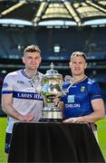 6 May 2025; Killian Roche of Laois, left, and Dean Healy of Wicklow pictured with the Tailteann Cup at the launch of the Tailteann Cup at Croke Park in Dublin. Photo by Sam Barnes/Sportsfile