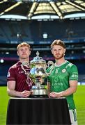 6 May 2025; Ronan Wallace of Westmeath, left, and Tighe Barry of London, pictured with the Tailteann Cup at the launch of the Tailteann Cup at Croke Park in Dublin. Photo by Sam Barnes/Sportsfile
