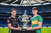6 May 2025; Niall Murphy of Sligo, left, and Mark Diffley of Leitrim pictured with the Tailteann Cup at the launch of the Tailteann Cup at Croke Park in Dublin. Photo by Sam Barnes/Sportsfile