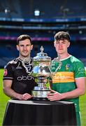 6 May 2025; Niall Murphy of Sligo, left, and Mark Diffley of Leitrim pictured with the Tailteann Cup at the launch of the Tailteann Cup at Croke Park in Dublin. Photo by Sam Barnes/Sportsfile