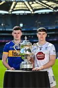 6 May 2025; Sean O’Connor of Tipperary, left, and Callum Bolton of Kildare pictured with the Tailteann Cup at the launch of the Tailteann Cup at Croke Park in Dublin. Photo by Sam Barnes/Sportsfile