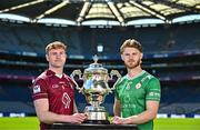 6 May 2025; Ronan Wallace of Westmeath, left, and Tighe Barry of London, pictured with the Tailteann Cup at the launch of the Tailteann Cup at Croke Park in Dublin. Photo by Sam Barnes/Sportsfile