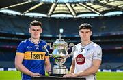 6 May 2025; Sean O’Connor of Tipperary, left, and Callum Bolton of Kildare pictured with the Tailteann Cup at the launch of the Tailteann Cup at Croke Park in Dublin. Photo by Sam Barnes/Sportsfile