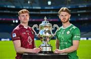 6 May 2025; Ronan Wallace of Westmeath, left, and Tighe Barry of London, pictured with the Tailteann Cup at the launch of the Tailteann Cup at Croke Park in Dublin. Photo by Sam Barnes/Sportsfile