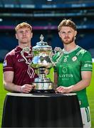 6 May 2025; Ronan Wallace of Westmeath, left, and Tighe Barry of London, pictured with the Tailteann Cup at the launch of the Tailteann Cup at Croke Park in Dublin. Photo by Sam Barnes/Sportsfile