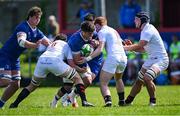 9 May 2025; Alex Soroka of Leinster A in action against Lorcan McLoughlin, left, and Owen O'Kane of Ulster A during the Interprovincial &quot;A&quot; Rugby match between Leinster A and Ulster A at Castle Avenue in Dublin. Photo by Piaras Ó Mídheach/Sportsfile