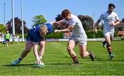 9 May 2025; Andrew Osborne of Leinster A holds off Owen O'Kane of Ulster A on his way to scoring his side's third try during the Interprovincial &quot;A&quot; Rugby match between Leinster A and Ulster A at Castle Avenue in Dublin. Photo by Piaras Ó Mídheach/Sportsfile