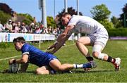 9 May 2025; Hugo McLaughlin of Leinster A scores his side's second try during the Interprovincial &quot;A&quot; Rugby match between Leinster A and Ulster A at Castle Avenue in Dublin. Photo by Piaras Ó Mídheach/Sportsfile