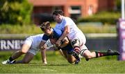 9 May 2025; Hugo McLaughlin of Leinster A in action against Lorcan McLoughlin of Ulster A during the Interprovincial &quot;A&quot; Rugby match between Leinster A and Ulster A at Castle Avenue in Dublin. Photo by Piaras Ó Mídheach/Sportsfile