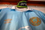 9 May 2025; A detailed view of a St Patrick's Athletic jersey and captain's armband in their dressing room before the SSE Airtricity Men's Premier Division match between Shelbourne and St Patrick's Athletic at Tolka Park in Dublin. Photo by Stephen McCarthy/Sportsfile